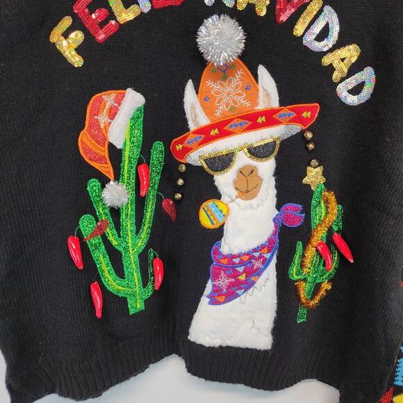 Ugly Christmas Sweater Size XL Feliz Navidad Cactus Bells Llama Aztec Sleeves - Picture 5 of 10